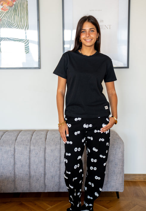 Women summer pajama set Black T-shirt + Eyes Pants